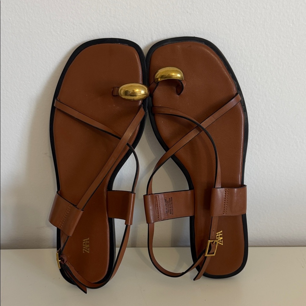 ZARA Flat Strappy Sandals With Metal Size 39 2024 Collection